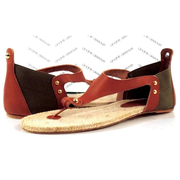 Andre Assous Tresor T- Strap Flat Thong Sandals Leather Green / Cognac Size 10 - Picture 2 of 9